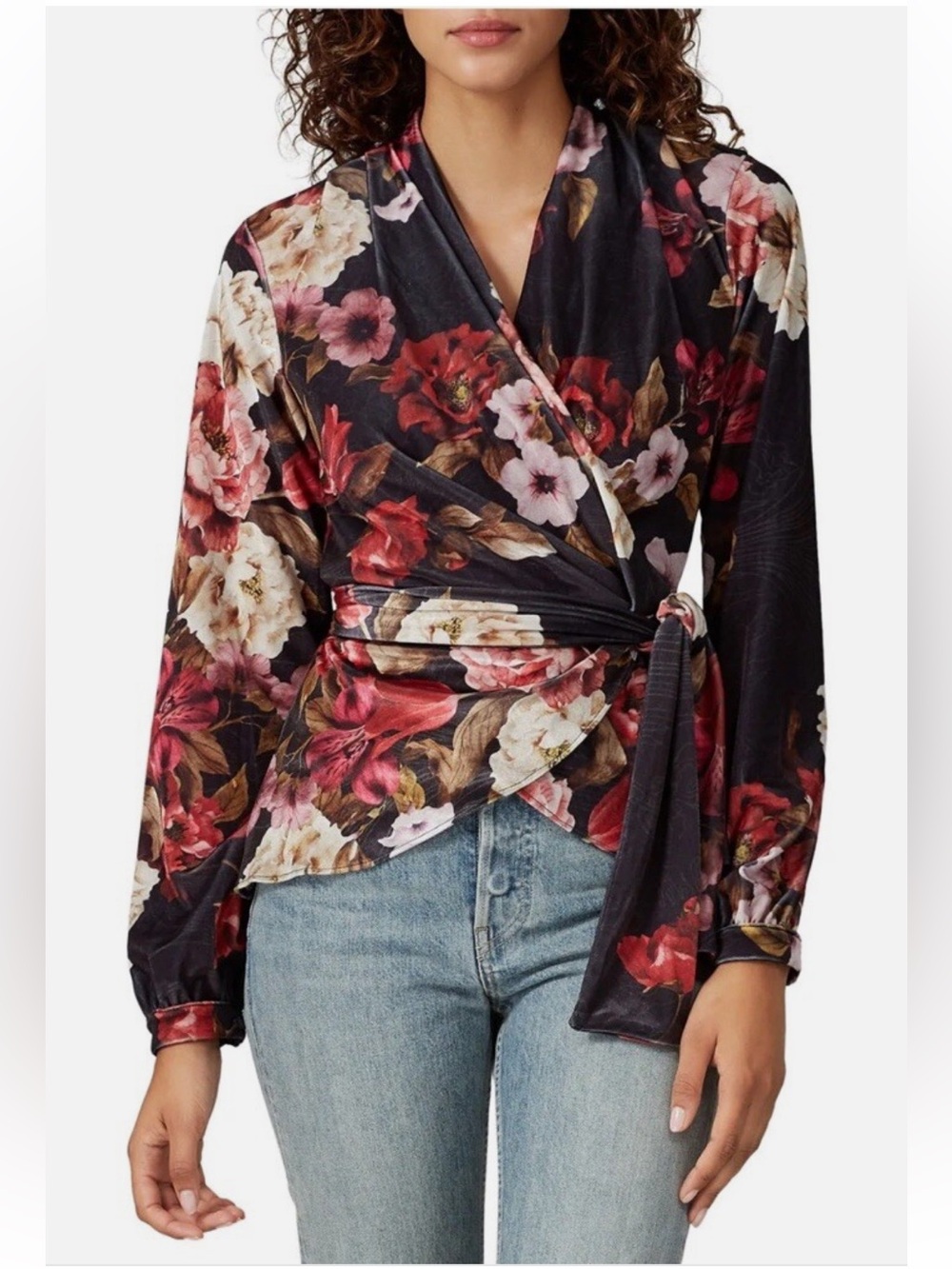 PatBO black floral velvet wrap top